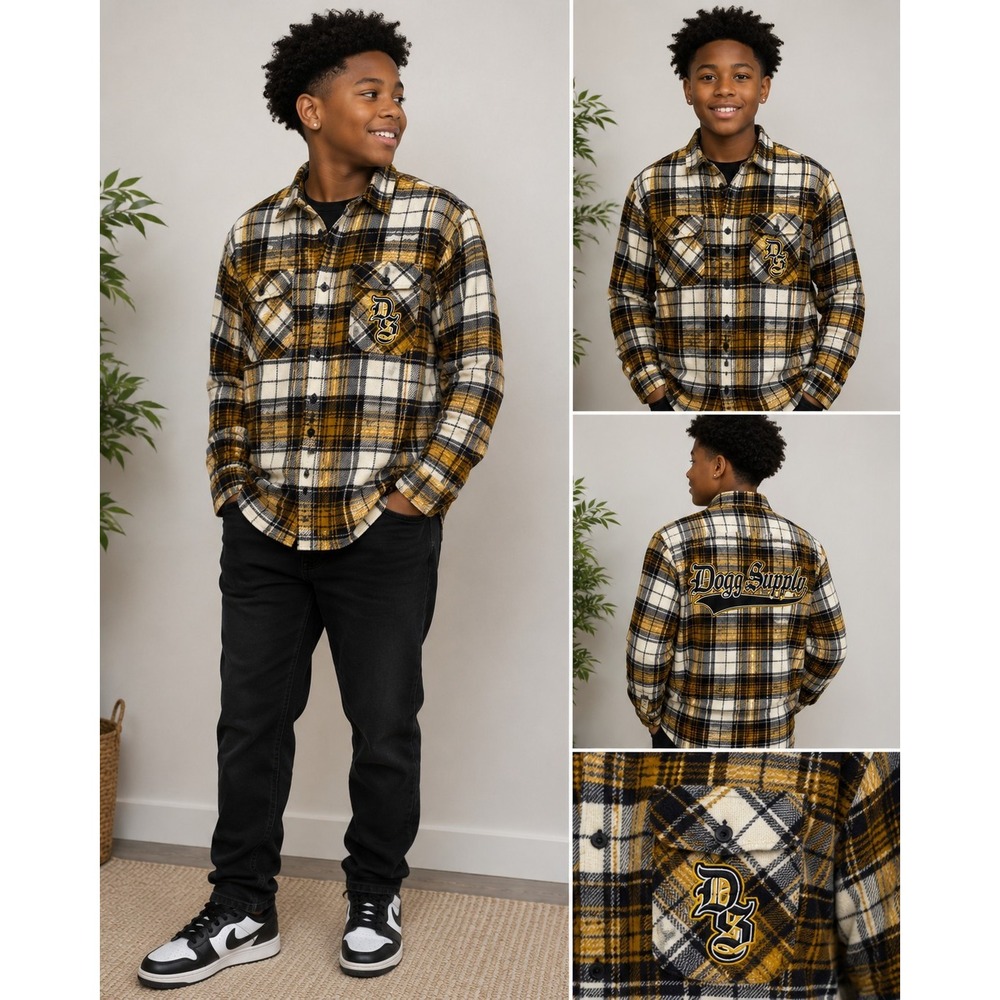 Dogg Supply Snoop Dogg Flannel Shirt Mens Small Yellow Black Plaid Back Logo